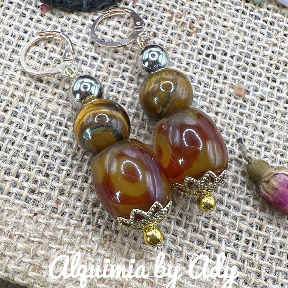 GOLD BOHO TIGER'S EYE BON BON SUPER CHUNKY DANGLE EARRINGS - Picture 1 of 1